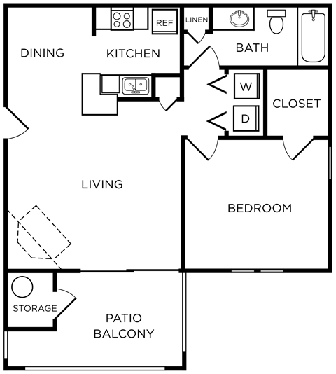 Floor plan for 1 bed, 1 bath, 636 sqft